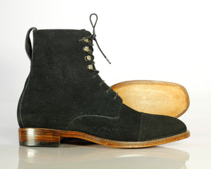 Handmade Men Black Cap Toe Suede Ankle Boots, Men Lace Up Designer Fashion Boots - theleathersouq