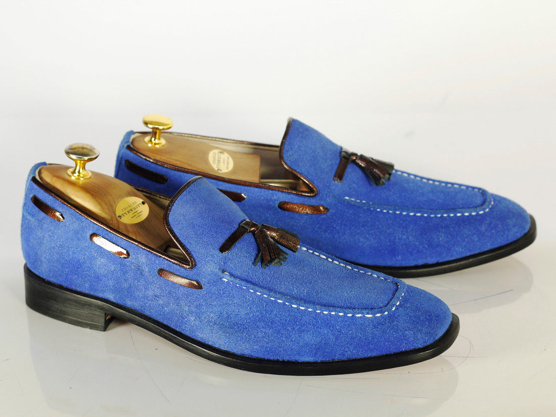 Elegant Handmade Men's Blue Suede Tassel Dress Loafer Shoes, Men Formal Designer Shoes - theleathersouq
