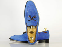 Load image into Gallery viewer, Elegant Handmade Men&#39;s Blue Suede Tassel Dress Loafer Shoes, Men Formal Designer Shoes - theleathersouq