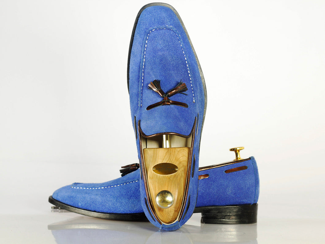 Elegant Handmade Men's Blue Suede Tassel Dress Loafer Shoes, Men Formal Designer Shoes - theleathersouq