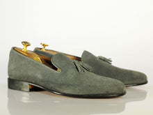 Load image into Gallery viewer, Elegant Handmade Men&#39;s Gray Suede Tassel Dress Loafer Shoes, Men Formal Designer Tussle Moccasin Shoes - theleathersouq