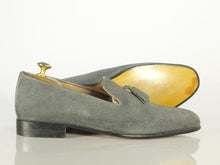 Load image into Gallery viewer, Elegant Handmade Men&#39;s Gray Suede Tassel Dress Loafer Shoes, Men Formal Designer Tussle Moccasin Shoes - theleathersouq