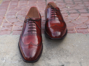 Elegant Handmade Men's Burgundy Wing Tip Brogue Shoes, Men Leather Designer Shoes - theleathersouq