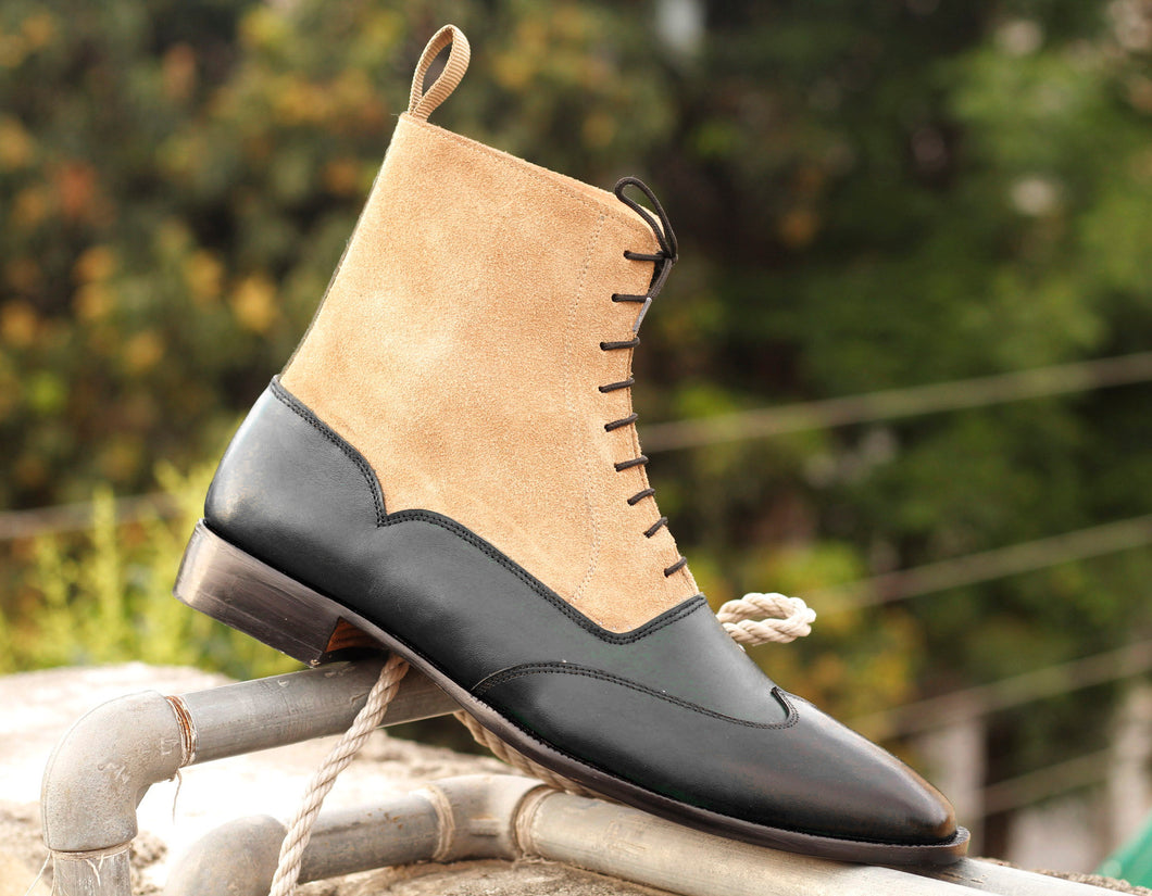Elegant Handmade Men's Black Beige Dress Ankle High Boots, Men Leather Suede Designer Boots - theleathersouq