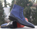 Designer Handmade Men's Black Blue Brogue Toe Ankle High Boots, Men Leather Suede Button Boots - theleathersouq