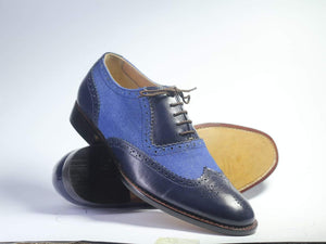 Handmade Men's Black Blue Wing Tip Brogue Shoes, Men Leather Denim Designer Shoes - theleathersouq