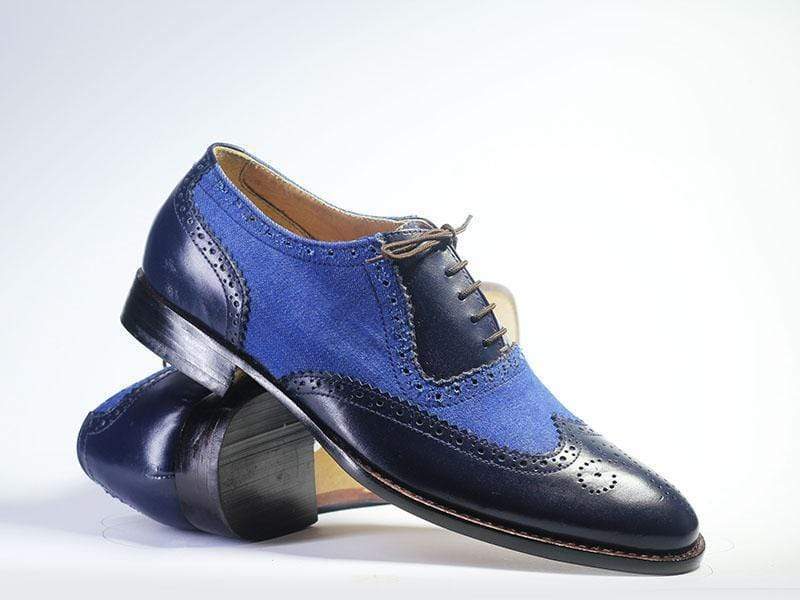 Handmade Men's Black Blue Wing Tip Brogue Shoes, Men Leather Denim Designer Shoes - theleathersouq