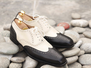 Beautiful Handmade Men's Black & White Wing Tip Brogue Leather Shoes, Men Designer Shoes - theleathersouq