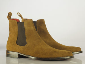 Handmade Men's Tan Suede Chelsea Boots, Men Suede Ankle Boots, Men Designer Boots - theleathersouq
