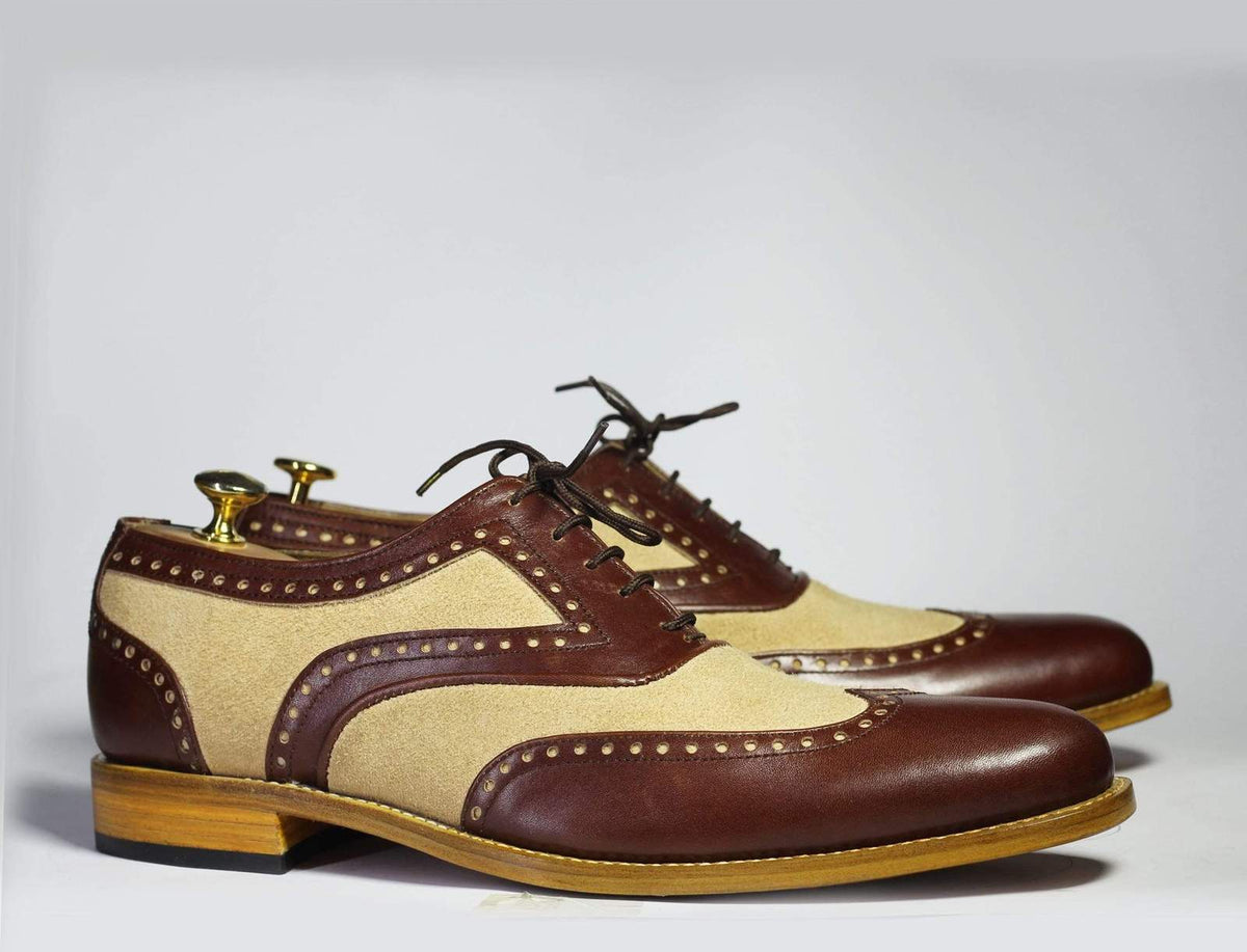 Handmade Men's Brown Beige Wing Tip Leather Suede Shoes, Men Designer ...