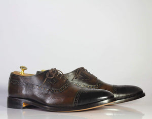 Men's Handmade Black Brown Cap Toe Brogue Leather Shoes, Men Designer Shoes - theleathersouq