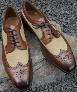 New Handmade Men's Brown Beige Wing Tip Brogue Leather Suede Shoes, Men Designer Shoes - theleathersouq