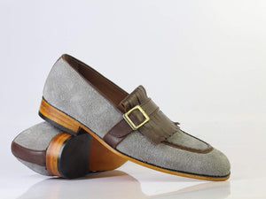 New Men's Handmade Brown Gray Monk Strap & Fringes Leather Suede Shoes, Men Designer Shoes - theleathersouq