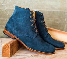 Load image into Gallery viewer, Men&#39;s Handmade Blue Suede Lace Up Ankle Boots, Men Designer Fashion Dress Boots - theleathersouq