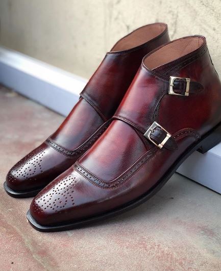New Handmade Men's Burgundy Brogue Toe Leather Boots, Men Double Monk Strap Boots - theleathersouq