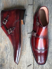Load image into Gallery viewer, New Handmade Men&#39;s Burgundy Brogue Toe Leather Boots, Men Double Monk Strap Boots - theleathersouq