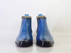 Handmade Men's Blue Leather Brogue Toe Chelsea Boots, Men Fashion Ankle Boots, Men Designer Boots - theleathersouq