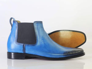 Handmade Men's Blue Leather Brogue Toe Chelsea Boots, Men Fashion Ankle Boots, Men Designer Boots - theleathersouq