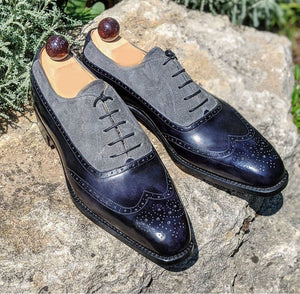 New Elegant Men's Handmade Black Gray Wing Tip Brogue Leather Suede Shoes, Men Designer Shoes - theleathersouq