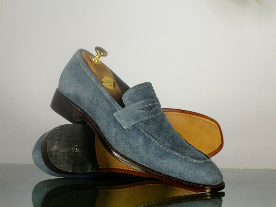 Elegant Handmade Men's Gray Suede Penny Loafer Shoes, Men Designer Dress Moccasin Shoes - theleathersouq