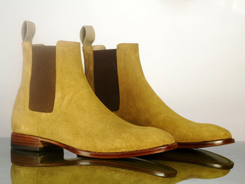 Elegant Men's  Handmade Beige Suede Chelsea Boots, Men Ankle Boots, Men Designer Boots - theleathersouq