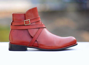 Stylish Handmade Men's Burgundy Leather Jodhpur Boots, Men Buckle Ankle Boots, Men Designer Boots - theleathersouq
