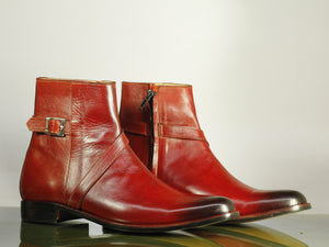 New Handmade Men's Burgundy Leather Jodhpur Boots, Men Buckle & Zipper Designer Boots - theleathersouq