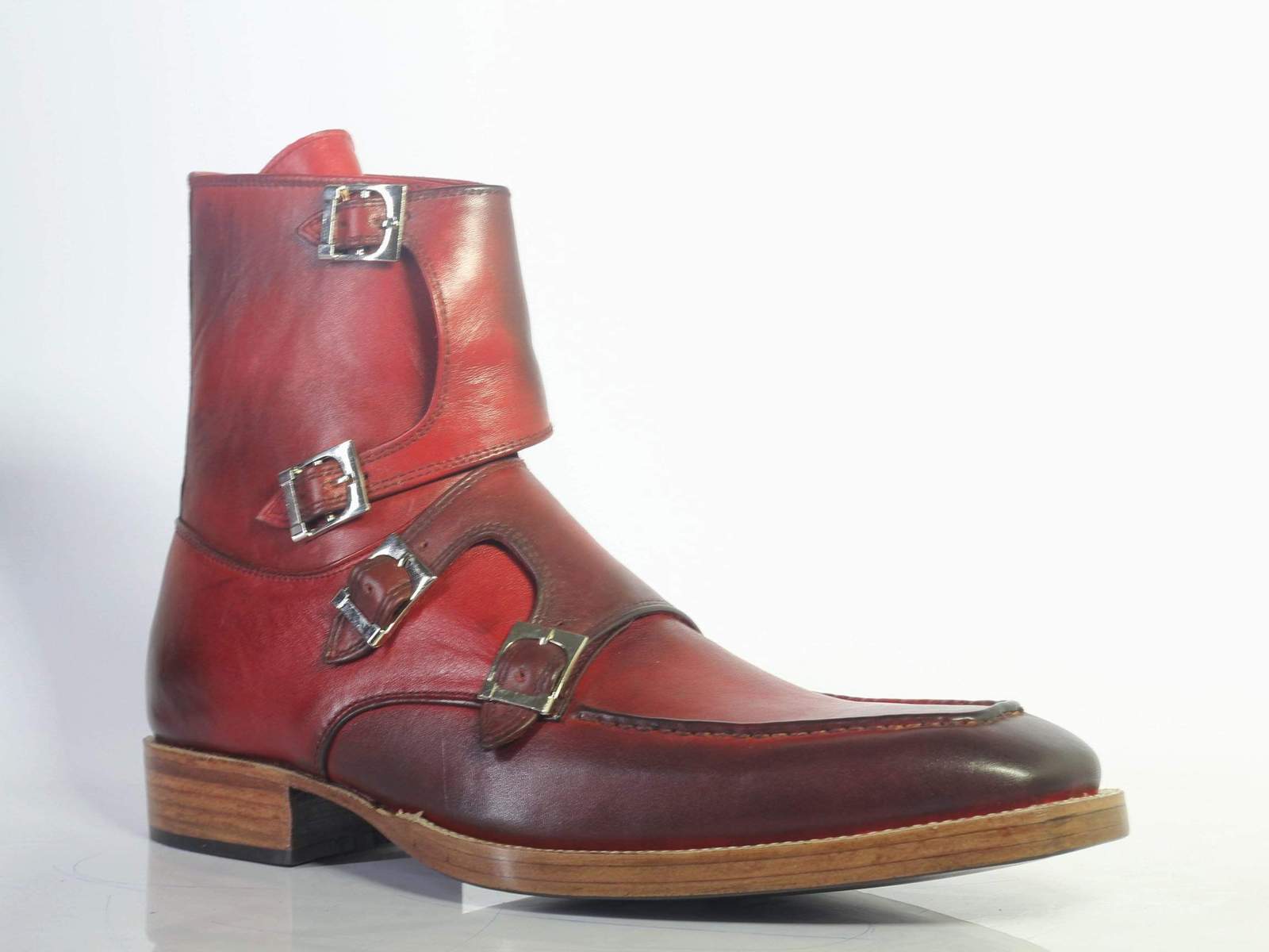 Stylish Men's Handmade Burgundy Leather Quad Buckle Boots, Men Ankle B ...