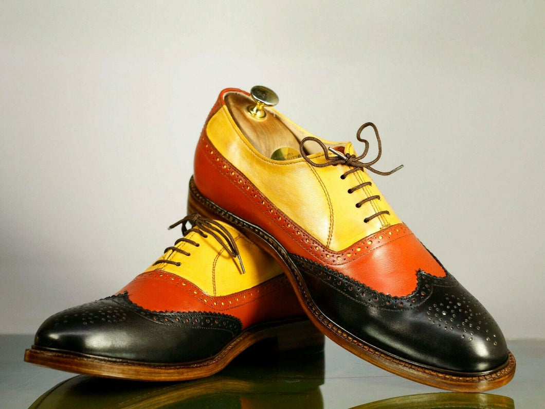 Men's Handmade Multi Color Wing Tip Brogue Leather Lace Up Shoes, Men Designer Dress Shoes - theleathersouq