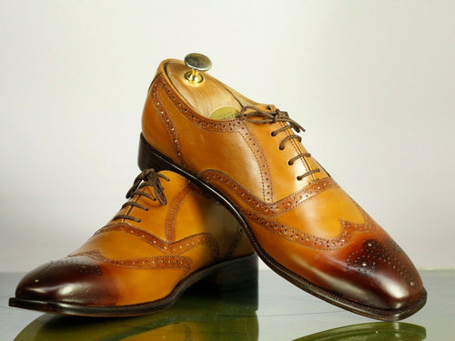 Elegant Handmade Men's Tan Wing Tip Brogue Leather Lace Up Shoes, Men Designer Dress Shoes - theleathersouq