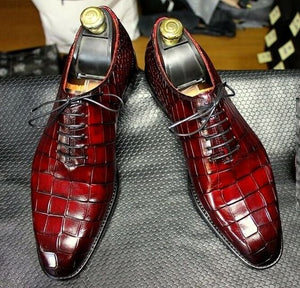 Elegant Men's Handmade Red Aligator Textured Leather Lace Up Derby Shoes, Men Designer Dress Shoes - theleathersouq