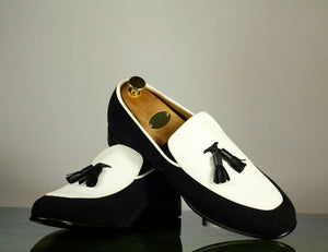 Handmade Men's Black White Tassel Loafer Shoes, Men Leather Corduroy Designer Dress Shoes - theleathersouq