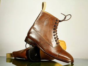 New Handmade Men's Brown Cap Toe Leather Ankle Boots, Men Designer Lace Up Boots - theleathersouq