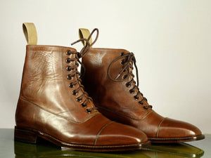 New Handmade Men's Brown Cap Toe Leather Ankle Boots, Men Designer Lace Up Boots - theleathersouq