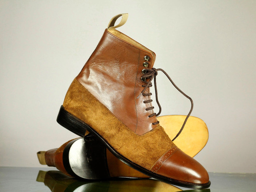 Men's Handmade Brown Cap Toe Leather Suede Ankle Boots, Men Designer Lace Up Boots - theleathersouq