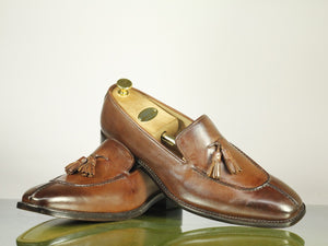 Handmade Men's Brown Leather Tussle Loafer Dress Shoes, Men Split Toe Designer Formal Shoes - theleathersouq