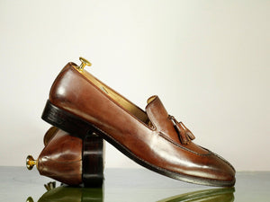 Handmade Men's Brown Leather Tussle Loafer Dress Shoes, Men Split Toe Designer Formal Shoes - theleathersouq