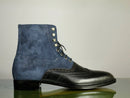 Handmade Men's Blue Black Wing Tip Leather Suede Ankle Boots, Men Designer Lace Up Boots - theleathersouq