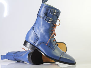 Stylish Handmade Men's Blue Cap Toe Leather Double Monk Strap & Lace Up Ankle Boots, Men Designer Boots - theleathersouq