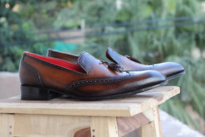 Handmade Men's Cognac Wing Tip Leather Tassel Loafer Shoes, Men Designer Dress Formal Shoes - theleathersouq