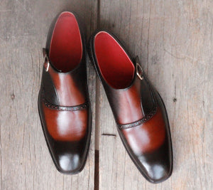 Handmade Men's Black Brown Wing Tip Leather Monk Strap Shoes, Men Designer Dress Formal Shoes - theleathersouq