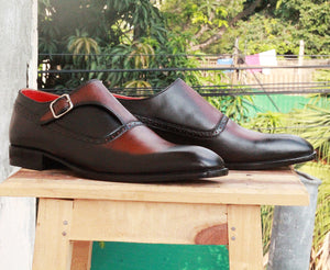 Handmade Men's Black Brown Wing Tip Leather Monk Strap Shoes, Men Designer Dress Formal Shoes - theleathersouq