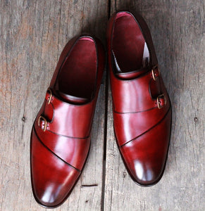 Handmade Men's Burgundy Wing Tip Leather Double Monk Strap Shoes, Men Designer Dress Formal Shoes - theleathersouq