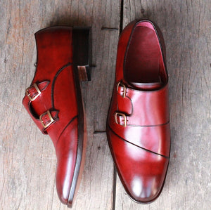Handmade Men's Burgundy Wing Tip Leather Double Monk Strap Shoes, Men Designer Dress Formal Shoes - theleathersouq