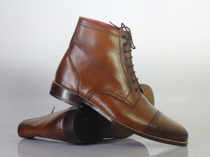 Handmade Men's Brown Leather Cap Toe Lace Up Boots, Men Ankle Boots, Men Designer Boots - theleathersouq