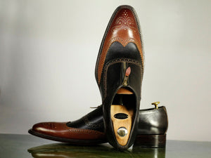 Handmade Men's Black Brown Wing Tip Brogue Leather Top Zipper Closure Shoes, Men Designer Dress Formal Shoes - theleathersouq