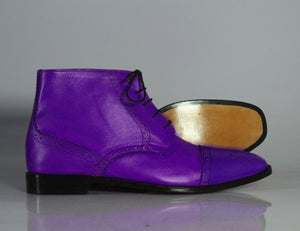 Handmade Men's Purple Leather Cap Toe Lace Up Chukka Boots, Men Half Ankle Boots, Men Designer Boots - theleathersouq