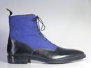 Handmade Men's Black Leather Blue Suede Lace Up Boots, Men Ankle Boots, Men Designer Boots - theleathersouq