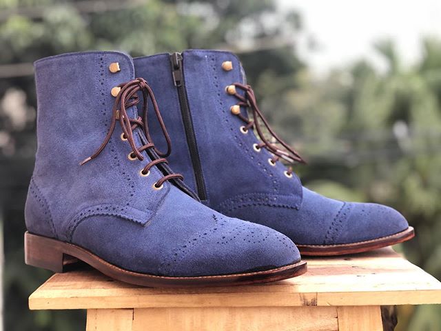 Men's Handmade Blue Wing Tip Brogue Suede Lace Up & Side Zipper Boots, Men Ankle Boots, Men Designer Boots - theleathersouq