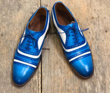 Load image into Gallery viewer, Handmade Men&#39;s White Blue Cap Toe Leather Lace Up Shoes, Men Designer Dress Formal Shoes - theleathersouq